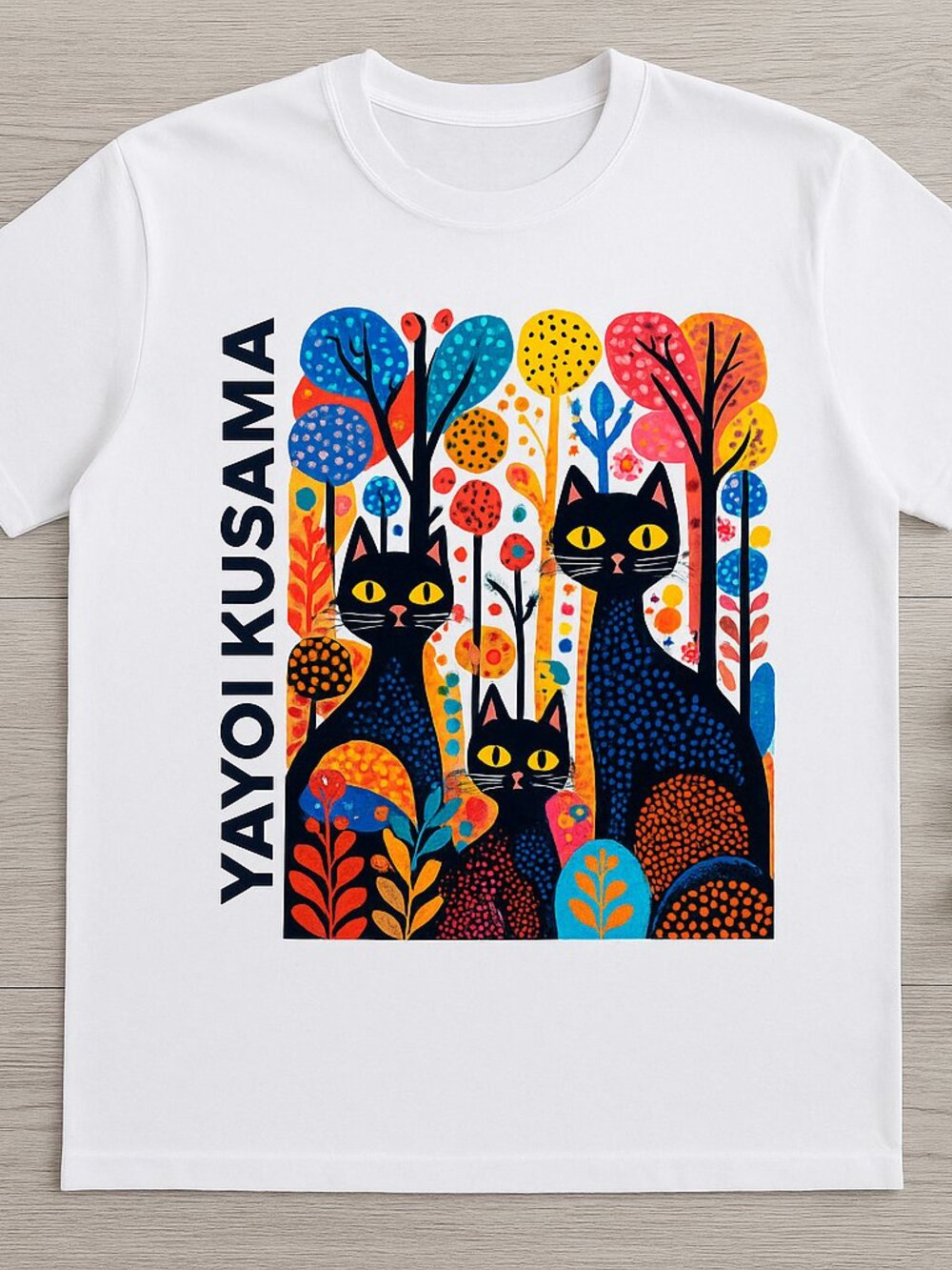 Colorful Polka Dot Cats Forest Artistic Graphic Tee White Oversized